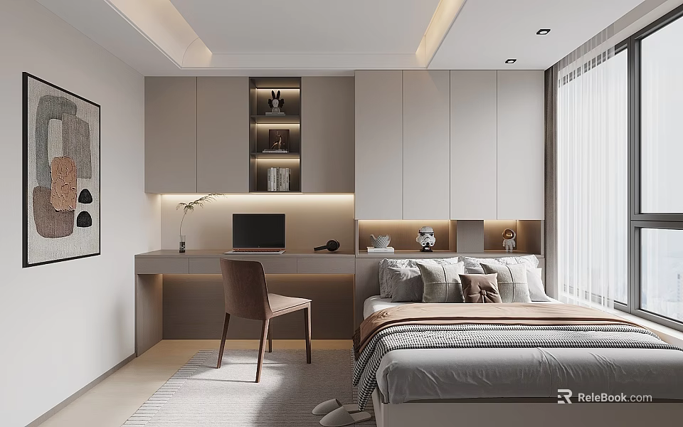 Minimalist Tatami Bedroom Interior With Storage Cabinets Study Desk And Natural Light 3d model 