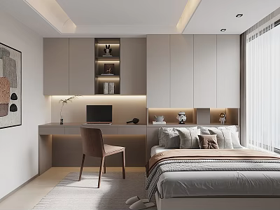 Minimalist Tatami Bedroom Interior With Storage Cabinets Study Desk And Natural Light 3d model