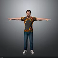 A Man With Arms Outstretched Wearing Flame T-Shirt Blue Jeans White Shoes On Gray Background