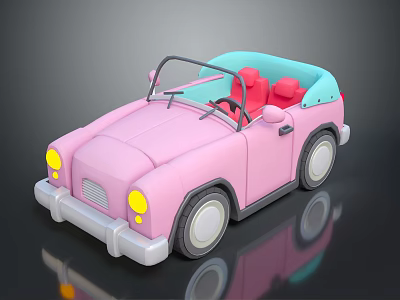 Pink Convertible Toy Car With Blue Interior Red Seats Yellow Headlights White Wheels Cartoon Style 3d model