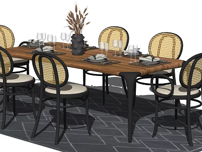 Modern Wooden Dining Table Set with Rattan Back Chairs Light Upholstered Seats and Decorative Vase 3d model