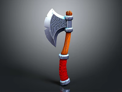 Ornate Battle Axe With Silver Carved Blade Wooden Handle And Red Wrapped Grip 3d model