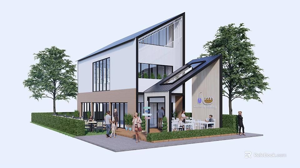 Modern Contemporary Building Exterior With Large Windows Outdoor Seating Greenery And People 3d model 