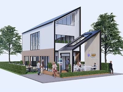 Modern Contemporary Building Exterior With Large Windows Outdoor Seating Greenery And People 3d model