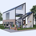 Modern Contemporary Building Exterior With Large Windows Outdoor Seating Greenery And People