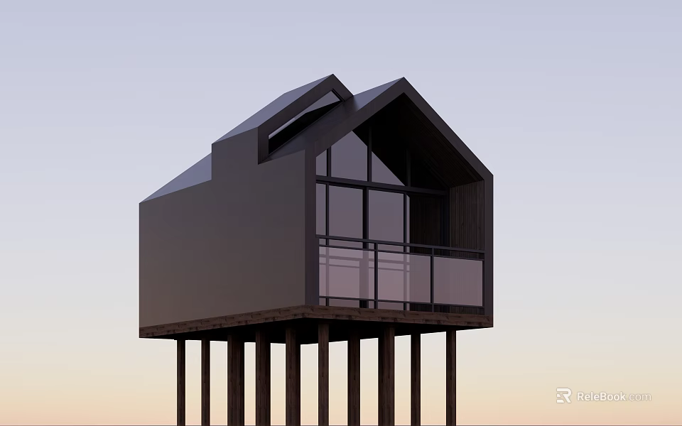 Modern Elevated Wooden House On Stilts With Large Windows And Balcony 3d model 