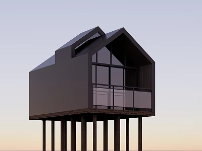 Modern Elevated Wooden House On Stilts With Large Windows And Balcony 3d model