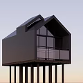 Modern Elevated Wooden House On Stilts With Large Windows And Balcony