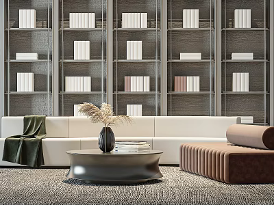 Modern White Sofa With Brown Ottoman And Black Round Coffee Table Near Bookshelves With Books 3d model