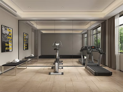 Modern Recreation Room with Treadmill Exercise Bike Large Mirror and Wall Paintings 3d model