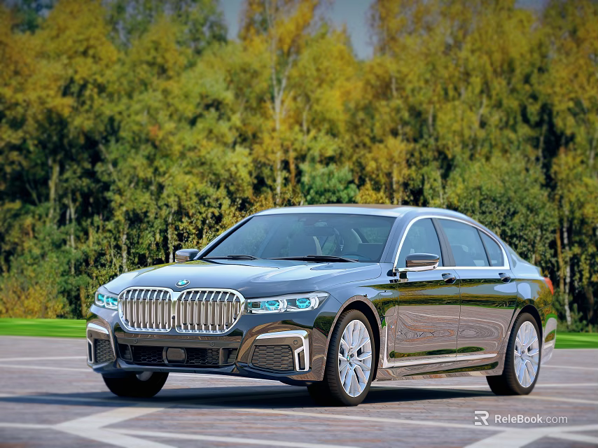 Black BMW 7 Series Luxury Sedan Parked Against Green Tree Background 3d model 
