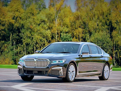 Black BMW 7 Series Luxury Sedan Parked Against Green Tree Background 3d model