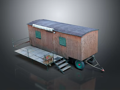 Wooden Trailer With Gray Roof Green Windows Platform Steps Tires And Crate 3d model