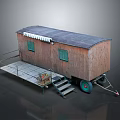 Wooden Trailer With Gray Roof Green Windows Platform Steps Tires And Crate