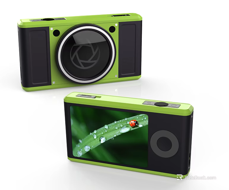 Green Digital Camera with Large Lens and Clear Screen Displaying Water Drops and Ladybug 3d model 