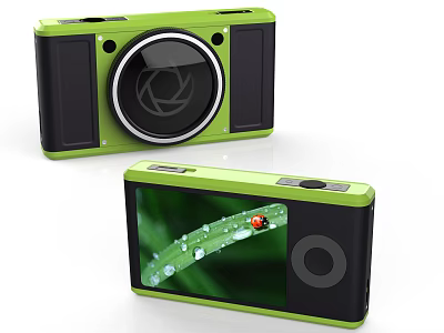 Green Digital Camera with Large Lens and Clear Screen Displaying Water Drops and Ladybug 3d model