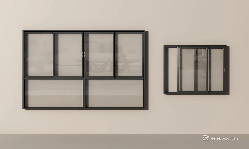 Black Frame Glass Windows With Different Sizes On White Wall 3d model