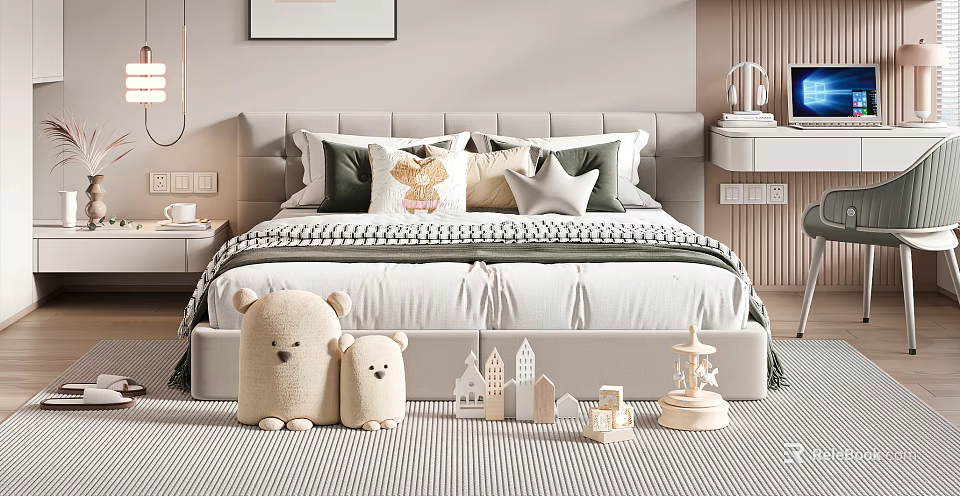 Modern Double Bed with Upholstered Headboard Multiple Soft Pillows and Stuffed Bear Toys 3d model