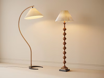 Modern Floor Lamps With Curved And Spiral Wooden Poles White Pleated Shades In Minimalist Room 3d model