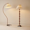 Modern Floor Lamps With Curved And Spiral Wooden Poles White Pleated Shades In Minimalist Room