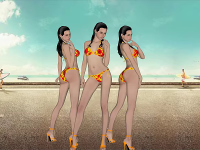 Three Women In Bikini Standing On Beach With Blue Sky White Clouds And High Heels 3d model