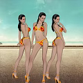 Three Women In Bikini Standing On Beach With Blue Sky White Clouds And High Heels