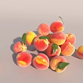 Fresh Ripe Peaches with Green Leaves Scattered on Light Gray Background