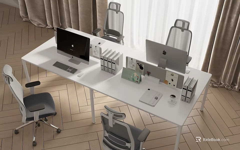 White Home Office Desk Featuring Dual Computers And Modern Office Chairs 3d model 