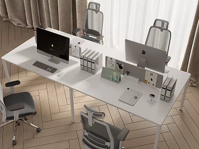 White Home Office Desk Featuring Dual Computers And Modern Office Chairs 3d model