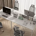 White Home Office Desk Featuring Dual Computers And Modern Office Chairs