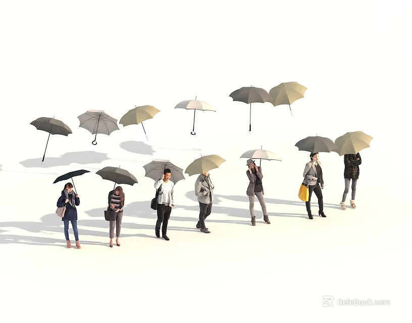 Group of People Standing With Different Colored Umbrellas Against White Background 3d model 