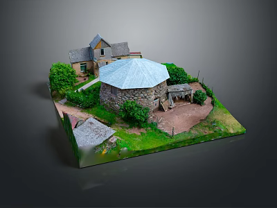 Detailed Architectural Model Featuring Stone Dome Structure with Adjacent House Green Plants and Pathway 3d model