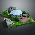 Detailed Architectural Model Featuring Stone Dome Structure with Adjacent House Green Plants and Pathway