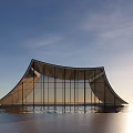 Modern Waterfront Architectural Design With Curved Glass Facade And Reflective Water Surface