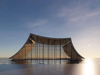 Modern Waterfront Architectural Design With Curved Glass Facade And Reflective Water Surface 3d model