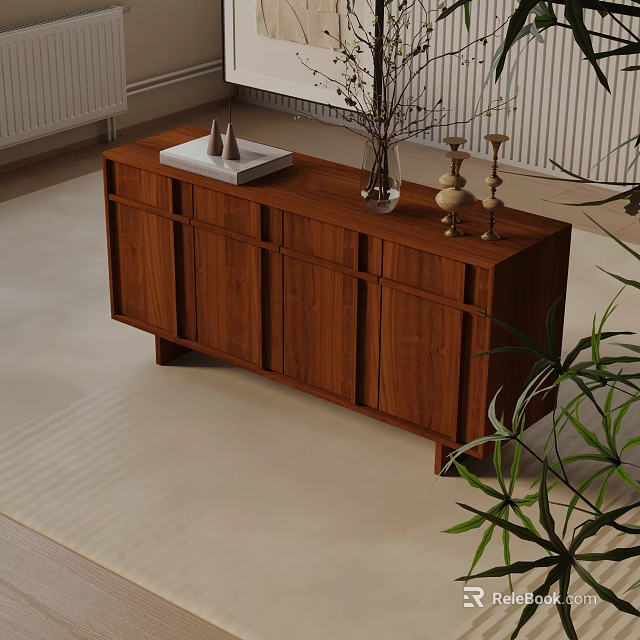 Modern Wooden Entryway Side Cabinet With Tray Vase And Green Plants Decor 3d model 