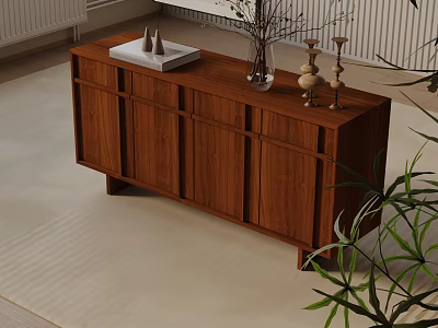 Modern Wooden Entryway Side Cabinet With Tray Vase And Green Plants Decor 3d model