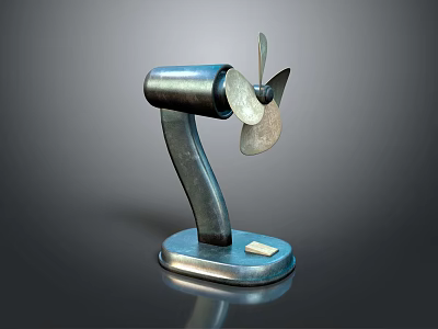 Modern Metallic Air Conditioning Fan with Curved Stand Three Blades and Button on Reflective Base 3d model