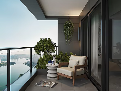 Modern Home Balcony With Wicker Armchair Green Plants Gray Floor Tiles Magazine And River View 3d model