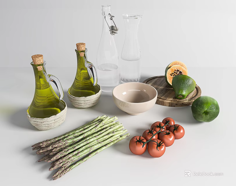 Essential Kitchen Utensils With Olive Oil Bottles Bowl And Fresh Produce On Table 3d model 