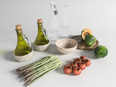 Essential Kitchen Utensils With Olive Oil Bottles Bowl And Fresh Produce On Table 3d model