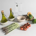 Essential Kitchen Utensils With Olive Oil Bottles Bowl And Fresh Produce On Table