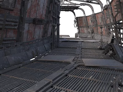 Rusted Metal Industrial Equipment With Grated Floor And Mechanical Frames 3d model