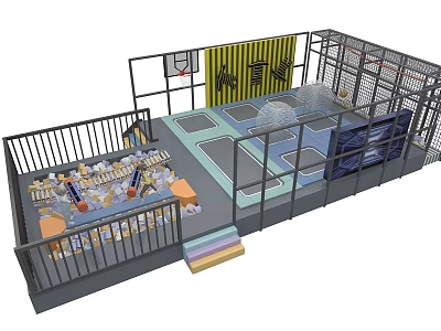Indoor Sports Equipment With Cage Structure Basketball Hoop And Colorful Floor Areas 3d model