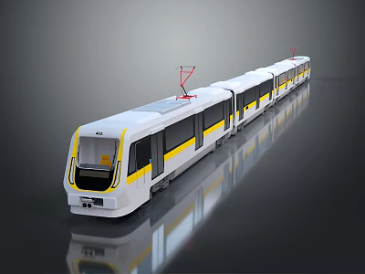 Modern White Tram With Yellow Stripes And Multiple Carriages On Reflective Surface 3d model