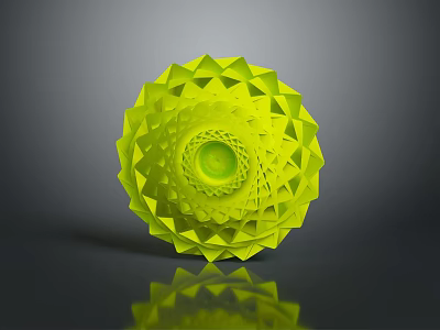 Vibrant Yellow Geometric Spiral Sculpture With Intricate Patterns And Reflective Surface On Dark Background 3d model