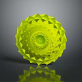 Vibrant Yellow Geometric Spiral Sculpture With Intricate Patterns And Reflective Surface On Dark Background
