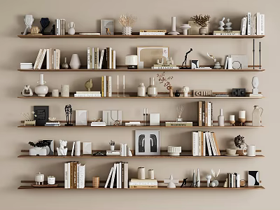 Minimalist Decorative Ornament Collection On Wooden Shelves With Books Vases Sculptures And Frames 3d model