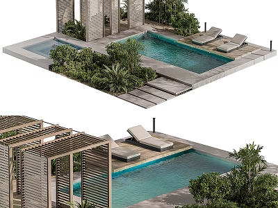 Elegant Modern Garden Landscape Design With Pergola Swimming Pool Loungers And Green Foliage 3d model