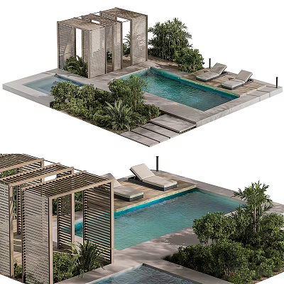 Elegant Modern Garden Landscape Design With Pergola Swimming Pool Loungers And Green Foliage 3d model
